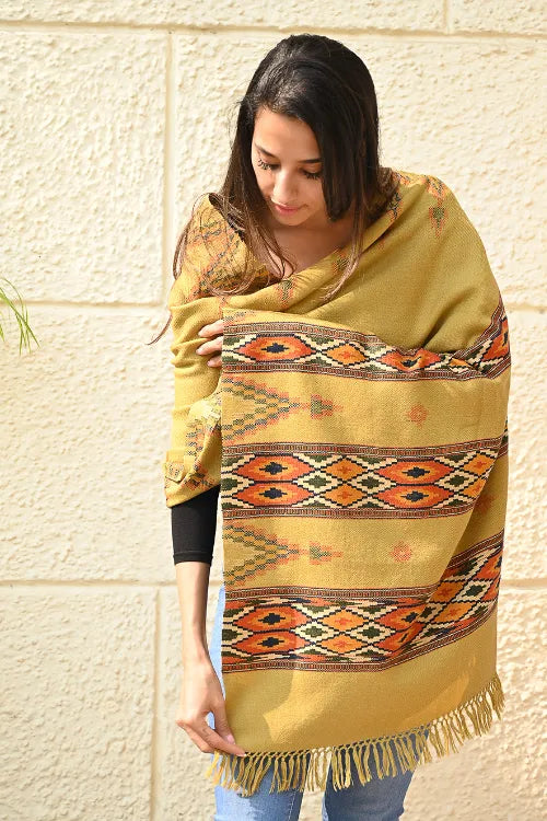 The ICH Fine, Soft Himachal Self Striped Wool Stole - 3 Panels, Sun Kissed