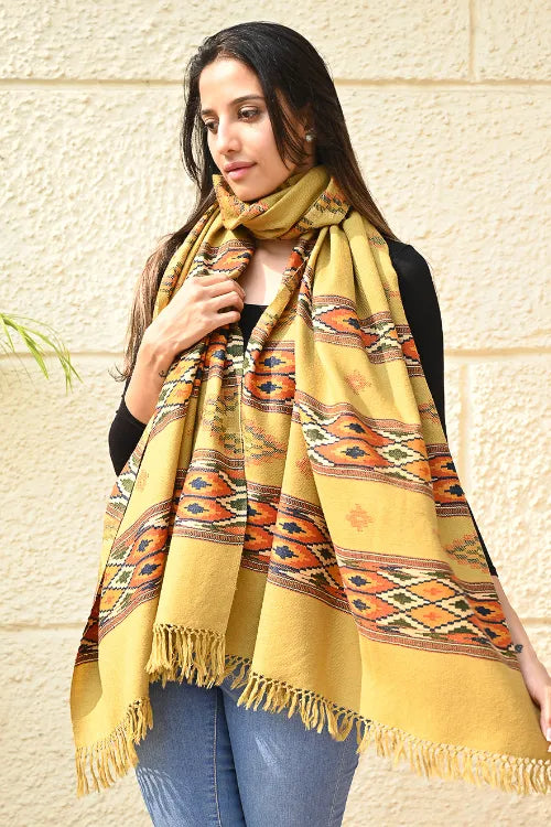 The ICH Fine, Soft Himachal Self Striped Wool Stole - 3 Panels, Sun Kissed