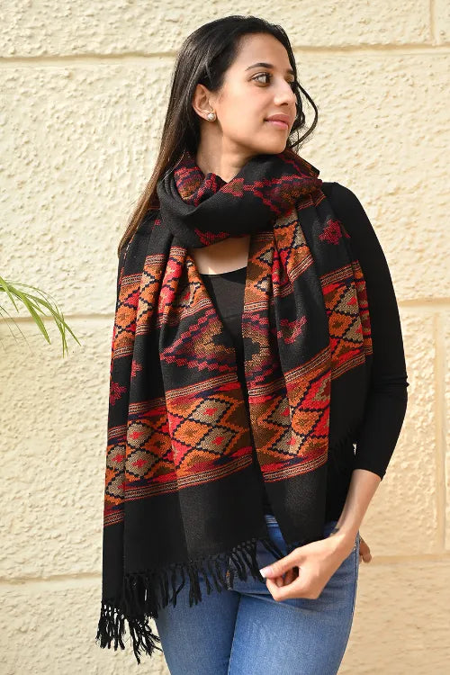The ICH Fine, Soft Himachal Self Striped Wool Stole - 3 Panels, Raven And Rust