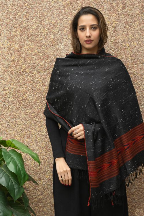 TICH Fine, Soft Himachal Wool Stole - Black Specks