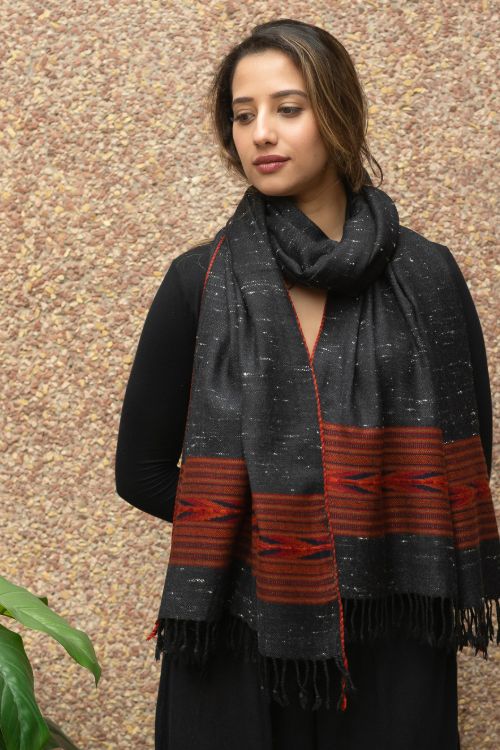 TICH Fine, Soft Himachal Wool Stole - Black Specks