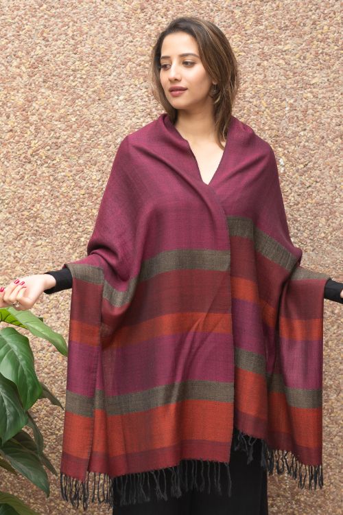 The ICH Fine, Soft Himachal Wool Self Striped Plain Stole - Crimson Grove