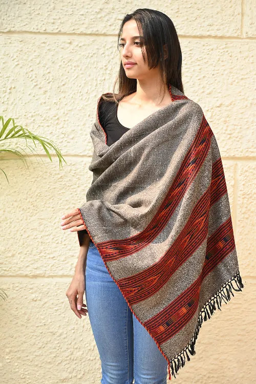 The ICH Fine, Soft Himachal Self Striped Wool Stole - 3 Panels, Stone Ember
