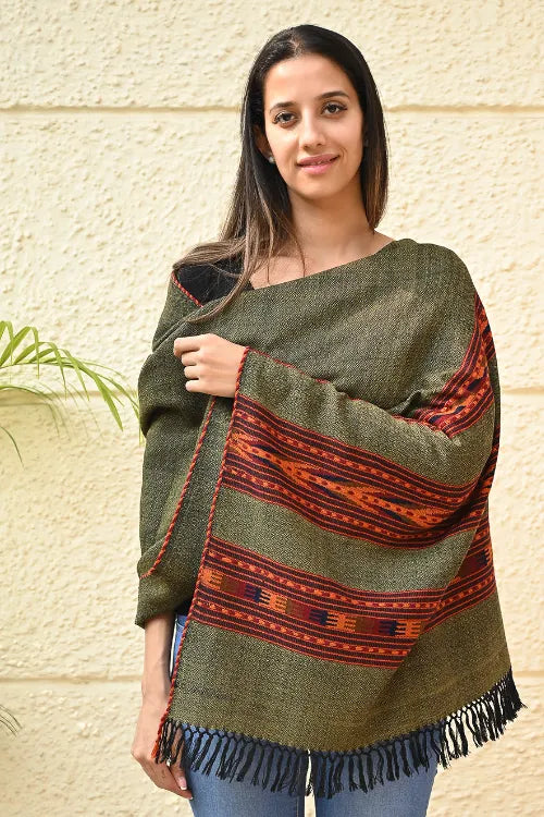 The ICH Fine, Soft Himachal Self Striped Wool Stole - 3 Panels, Pine Mist