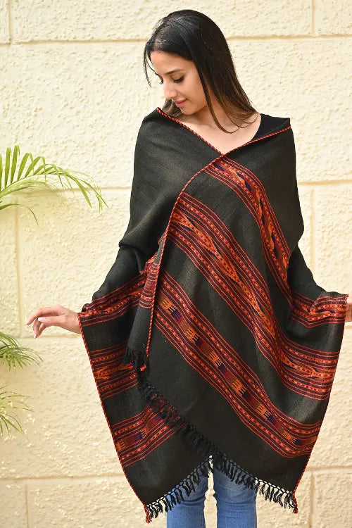 The ICH Fine, Soft Himachal Self Striped Wool Stole - 3 Panels, Orange Black