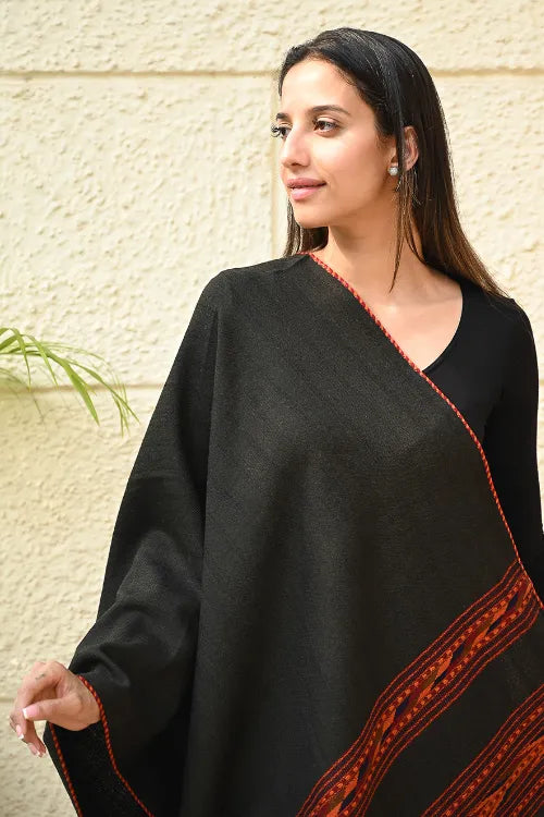 The ICH Fine, Soft Himachal Self Striped Wool Stole - 3 Panels, Orange Black