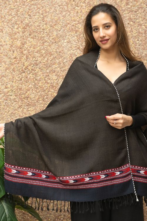 TICH Fine, Soft Himachal Wool Stole - Dark Grey Arrows