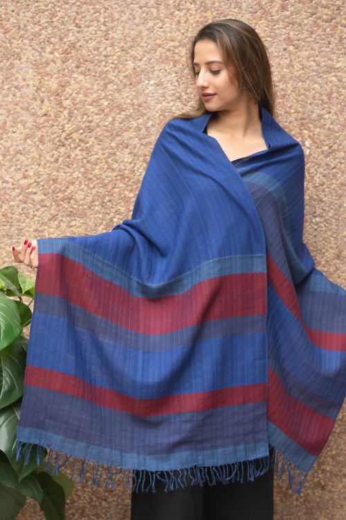TICH Fine, Soft Himachal Wool Striped Stole - Royal Blue
