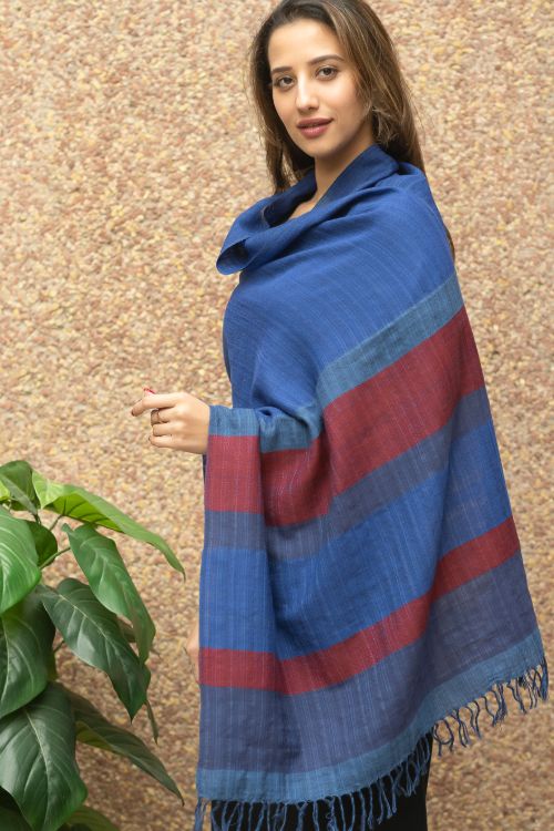 TICH Fine, Soft Himachal Wool Striped Stole - Royal Blue