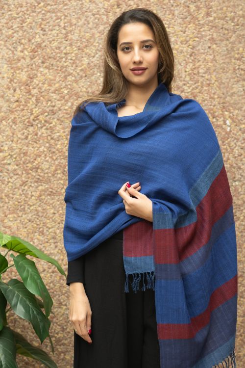 TICH Fine, Soft Himachal Wool Striped Stole - Royal Blue