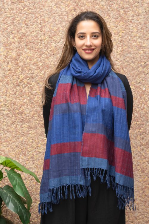TICH Fine, Soft Himachal Wool Striped Stole - Royal Blue
