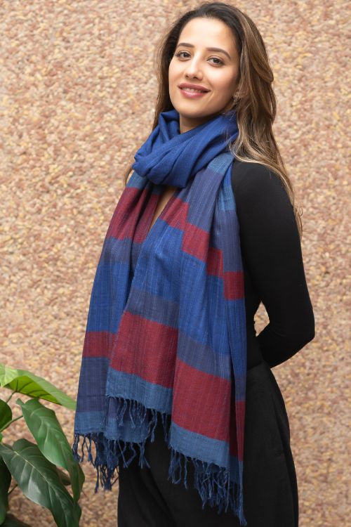 TICH Fine, Soft Himachal Wool Striped Stole - Royal Blue