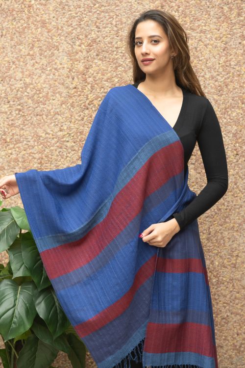 TICH Fine, Soft Himachal Wool Striped Stole - Royal Blue