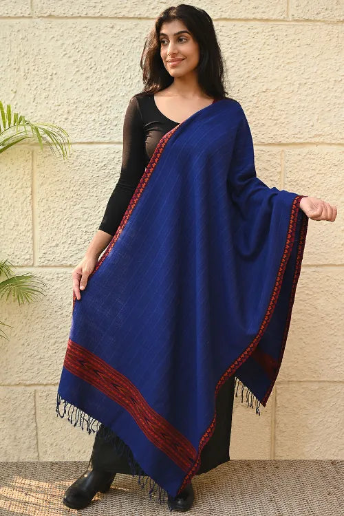 The ICH Exclusive Soft Himachal Wool Stole With Woven Border - Bluebell Grove