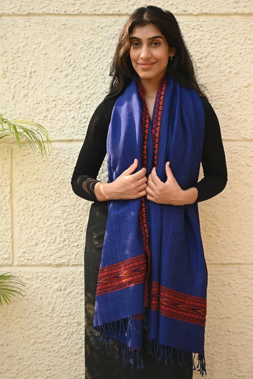 The ICH Exclusive Soft Himachal Wool Stole With Woven Border - Bluebell Grove