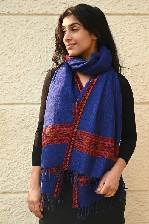 The ICH Exclusive Soft Himachal Wool Stole With Woven Border - Bluebell Grove