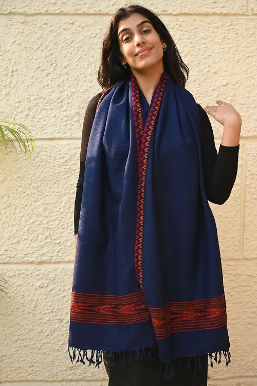 The ICH Exclusive Soft Himachal Wool Stole With Woven Border - Mystic Ocean