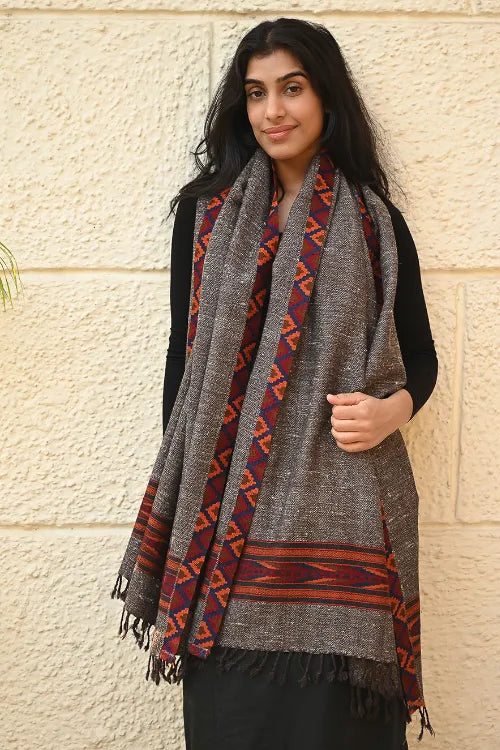 The ICH Exclusive Soft Himachal Wool Stole With Woven Border - Woodland Trail