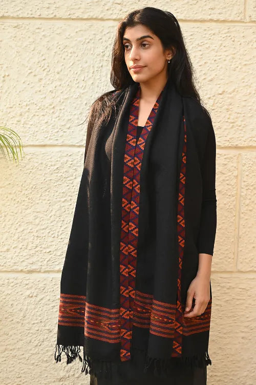 The ICH Exclusive Soft Himachal Wool Stole With Woven Border - Charcoal Trail