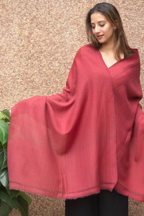 TICH Fine, Soft Himachal Wool Self Striped Plain Stole - Pale Red