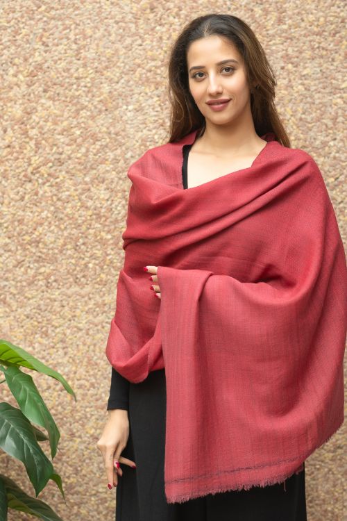 TICH Fine, Soft Himachal Wool Self Striped Plain Stole - Pale Red