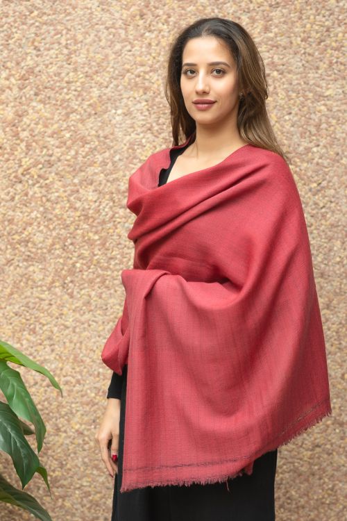 TICH Fine, Soft Himachal Wool Self Striped Plain Stole - Pale Red