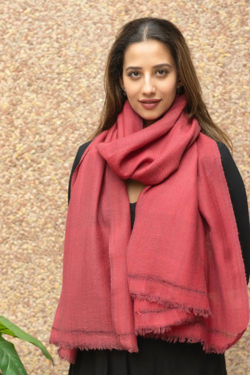 TICH Fine, Soft Himachal Wool Self Striped Plain Stole - Pale Red