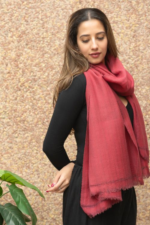 TICH Fine, Soft Himachal Wool Self Striped Plain Stole - Pale Red