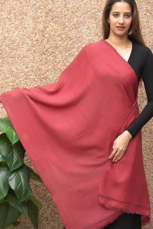 TICH Fine, Soft Himachal Wool Self Striped Plain Stole - Pale Red