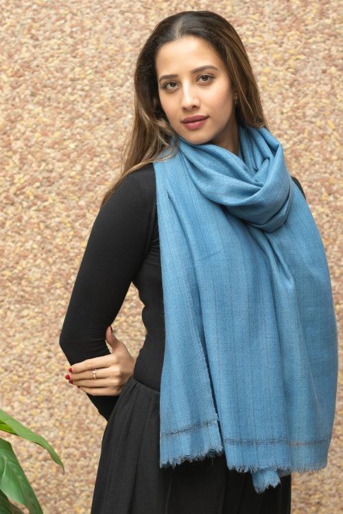 TICH Fine, Soft Himachal Wool Self Striped Plain Stole - Warm Blue