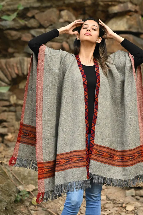 The ICH Exclusive Soft Himachal Wool Poncho With Woven Border - Stone Harvest