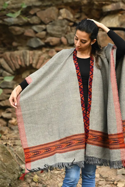 The ICH Exclusive Soft Himachal Wool Poncho With Woven Border - Stone Harvest