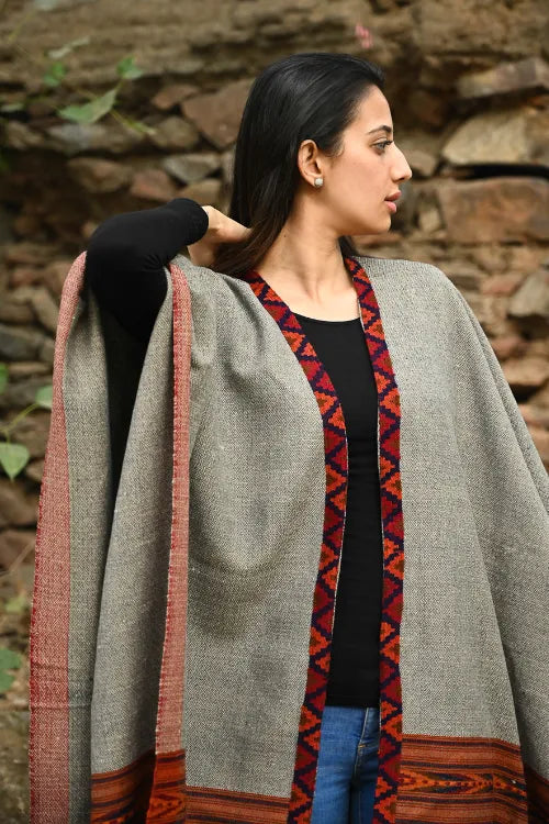 The ICH Exclusive Soft Himachal Wool Poncho With Woven Border - Stone Harvest