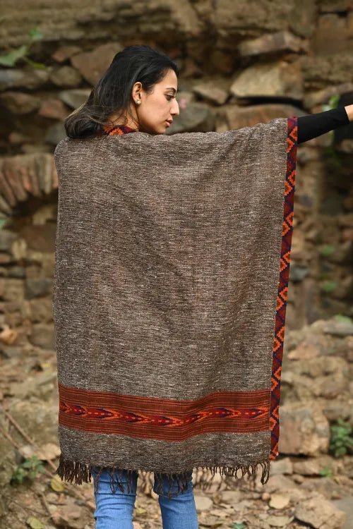 The ICH Exclusive Soft Himachal Wool Poncho With Woven Border - Cocoa Hearth