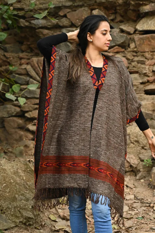 The ICH Exclusive Soft Himachal Wool Poncho With Woven Border - Cocoa Hearth