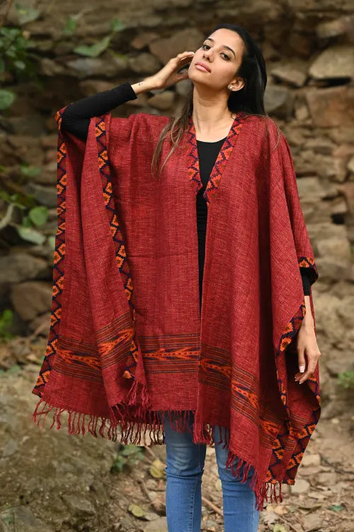 The ICH Exclusive Soft Himachal Wool Poncho With Woven Border - Rose Garden