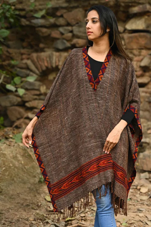 The ICH Exclusive Soft Himachal Wool Poncho With Woven Border - Rustwood