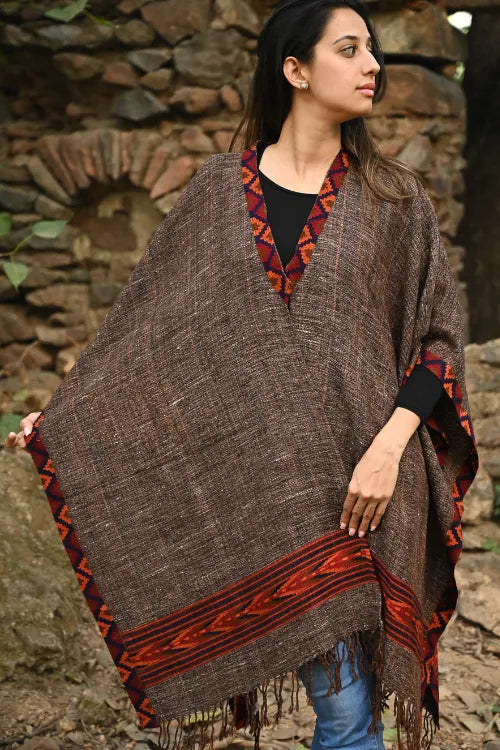 The ICH Exclusive Soft Himachal Wool Poncho With Woven Border - Rustwood