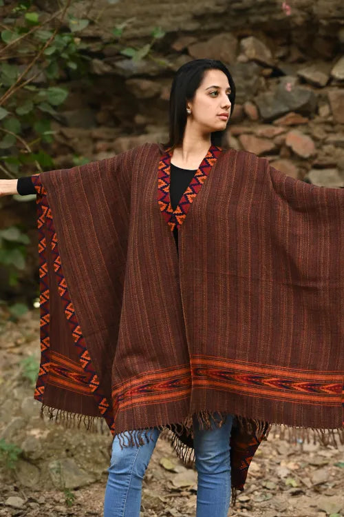 The ICH Exclusive Soft Himachal Wool Poncho With Woven Border - Cinnamon Rust
