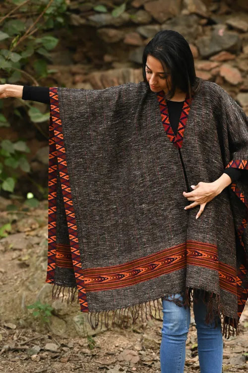The ICH Exclusive Soft Himachal Wool Poncho With Woven Border - Charcoal Brown