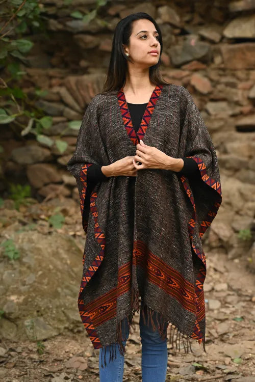 The ICH Exclusive Soft Himachal Wool Poncho With Woven Border - Charcoal Brown