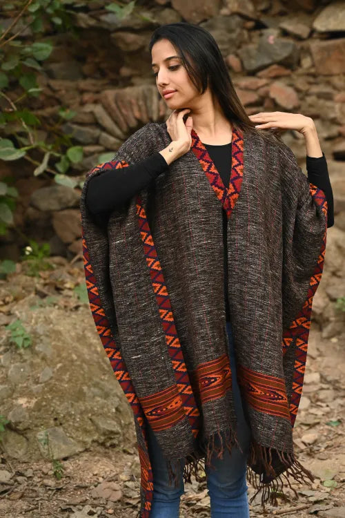 The ICH Exclusive Soft Himachal Wool Poncho With Woven Border - Charcoal Brown