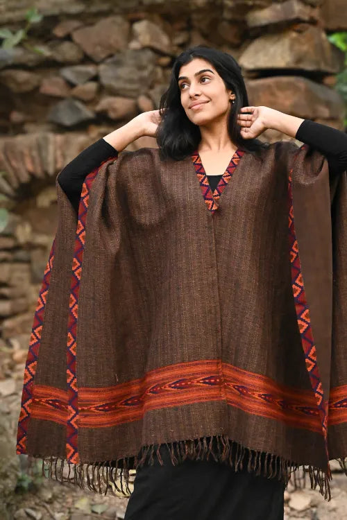 The ICH Exclusive Soft Himachal Wool Poncho With Woven Border - Rustic Mocha