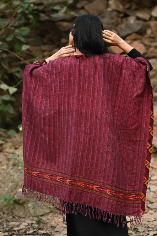 The ICH Exclusive Soft Himachal Wool Poncho With Woven Border - Winewood Stripes