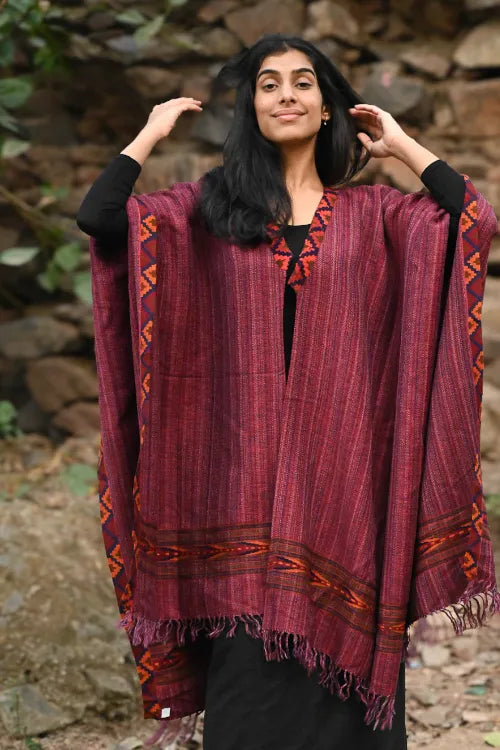The ICH Exclusive Soft Himachal Wool Poncho With Woven Border - Winewood Stripes