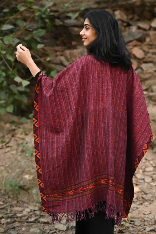 The ICH Exclusive Soft Himachal Wool Poncho With Woven Border - Winewood Stripes