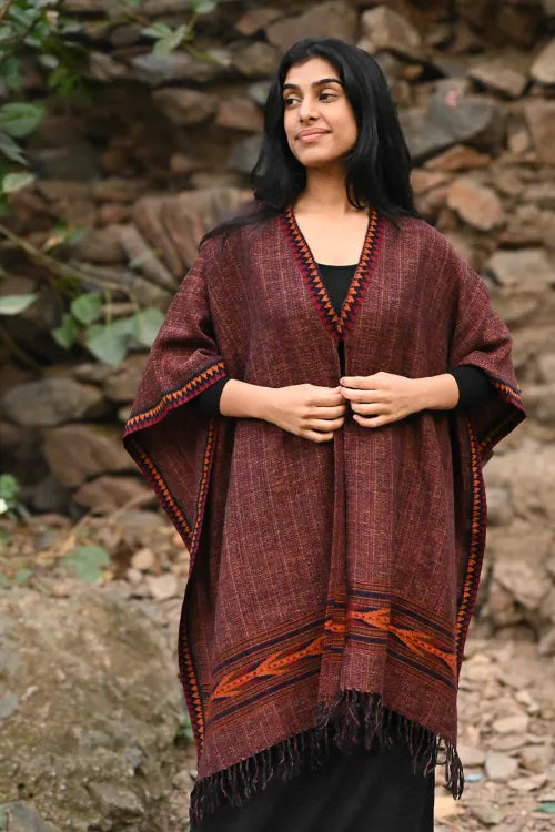 The ICH Exclusive Soft Himachal Wool Poncho With Woven Border - Mountain Berry