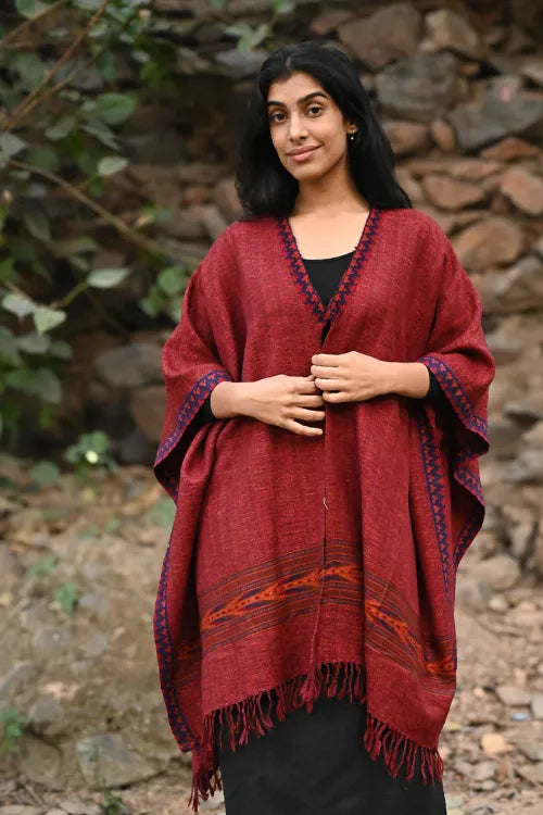 The ICH Exclusive Soft Himachal Wool Poncho With Woven Border - Plum Spice