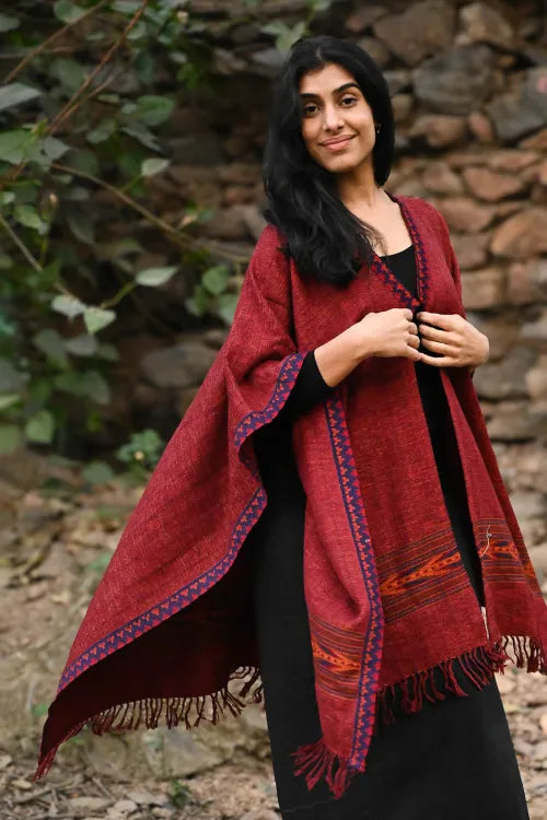 The ICH Exclusive Soft Himachal Wool Poncho With Woven Border - Plum Spice