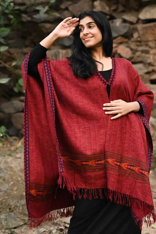 The ICH Exclusive Soft Himachal Wool Poncho With Woven Border - Plum Spice
